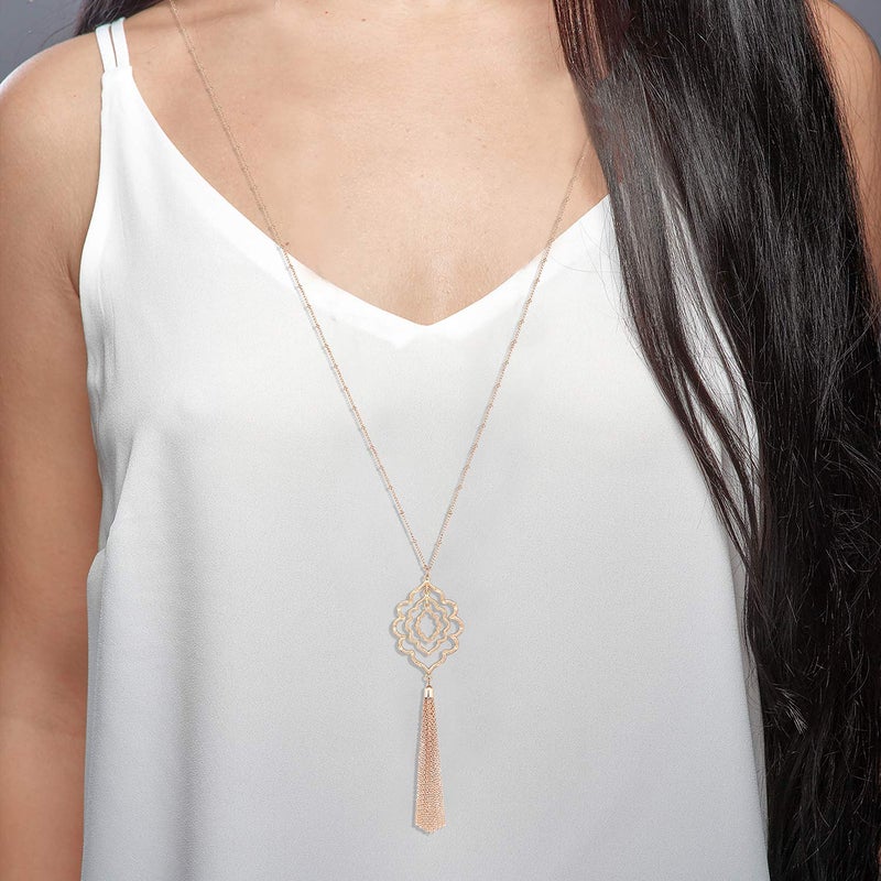 MOLOCH Long Necklaces For Woman Minimalist Geometric Circle Pendant Necklaces Bohemia Tassel Fringe Necklace Set Statement Pendant (rose gold) - Image 2